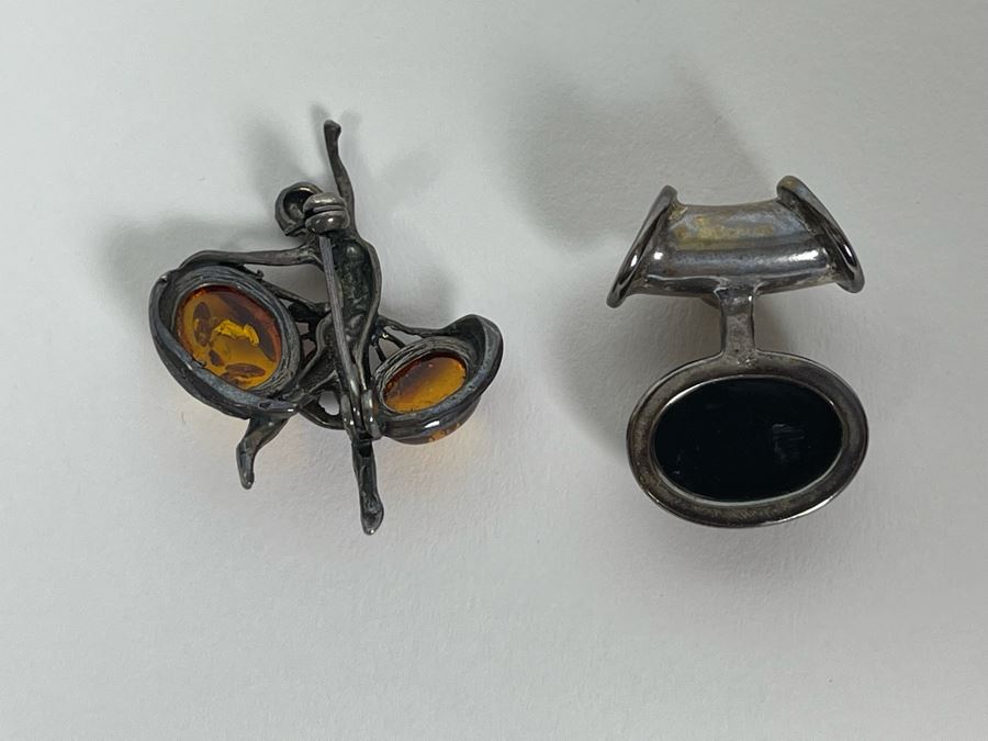 Sterling Silver Amber Ballerina Brooch Pin And Modernist Pendant 14.2g [Photo 8]