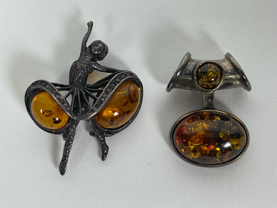 Sterling Silver Amber Ballerina Brooch Pin And Modernist Pendant 14.2g [Photo 3]
