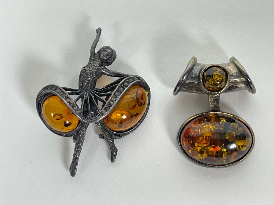 Sterling Silver Amber Ballerina Brooch Pin And Modernist Pendant 14.2g [Photo 1]