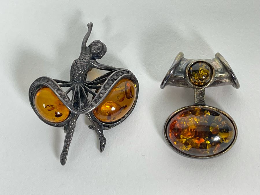 Sterling Silver Amber Ballerina Brooch Pin And Modernist Pendant 14.2g [Photo 2]