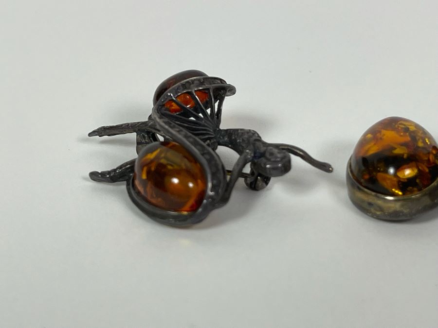 Sterling Silver Amber Ballerina Brooch Pin And Modernist Pendant 14.2g [Photo 7]