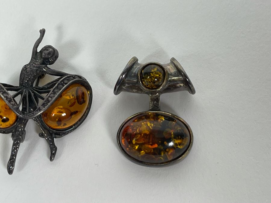 Sterling Silver Amber Ballerina Brooch Pin And Modernist Pendant 14.2g [Photo 5]