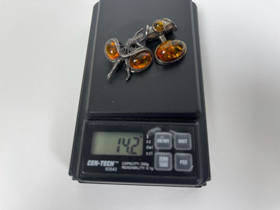 Sterling Silver Amber Ballerina Brooch Pin And Modernist Pendant 14.2g [Photo 9]