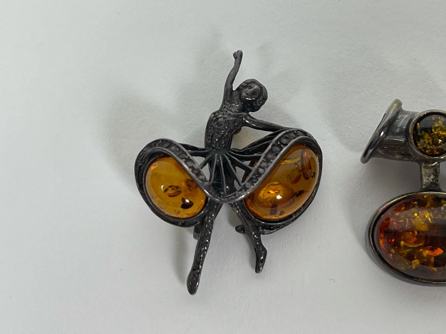 Sterling Silver Amber Ballerina Brooch Pin And Modernist Pendant 14.2g [Photo 4]