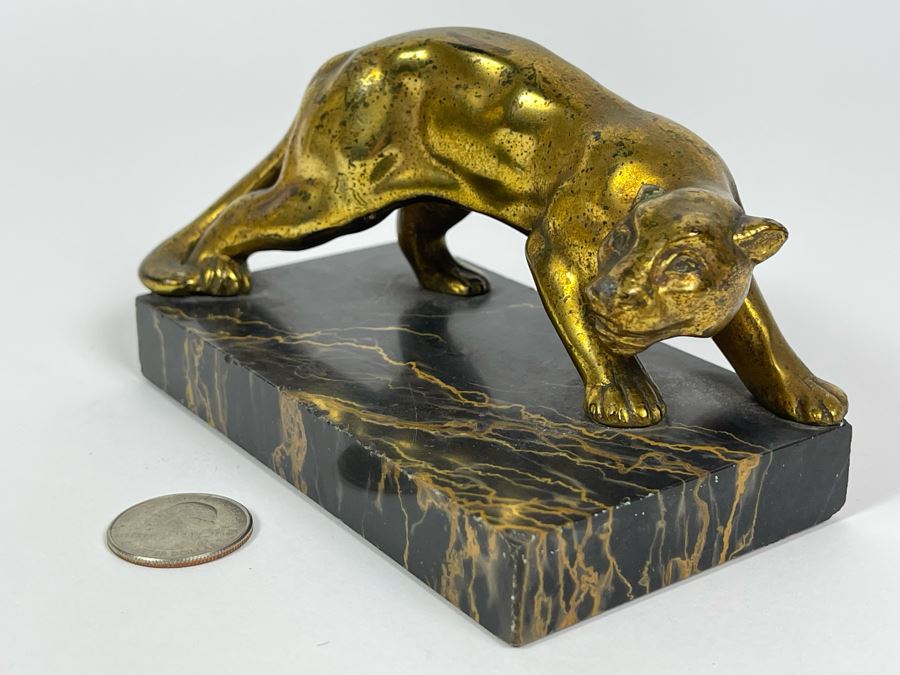 Vintage Art Deco Gilt Panther On Marble Base 5.5W X 2.75D X 2.5H [Photo 5]