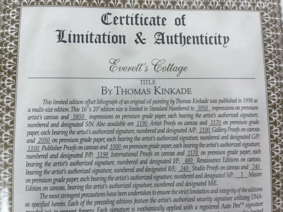 Hand Signed Limited Edition Thomas Kinkade Lithograph Framed 16 X 20 [Photo 8]