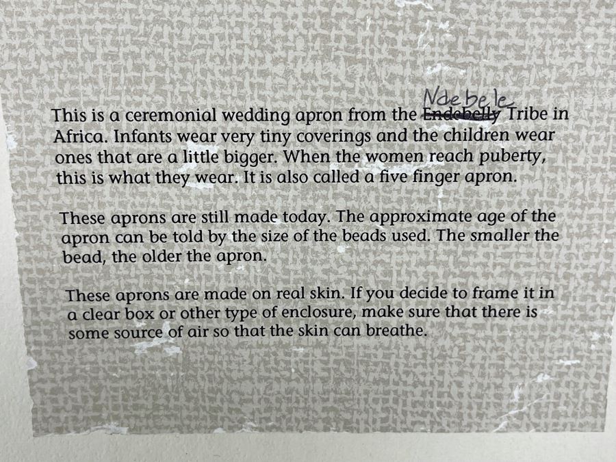 Vintage African Ndebele Ceremonial Wedding Beaded Five Finger Apron Beadwork In Shadow Box Frame 19 X 29 [Photo 9]