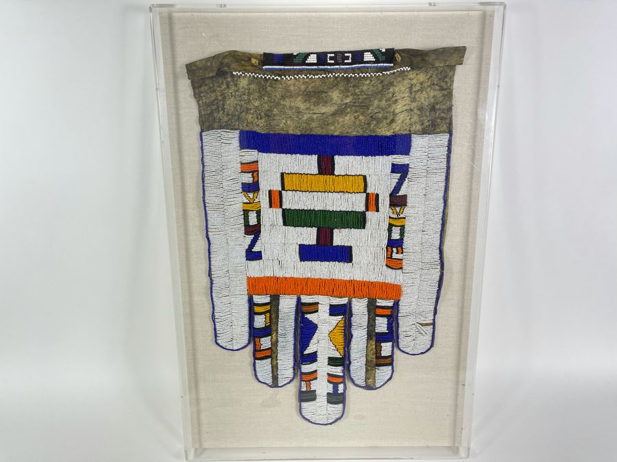 Vintage African Ndebele Ceremonial Wedding Beaded Five Finger Apron Beadwork In Shadow Box Frame 19 X 29 [Photo 1]
