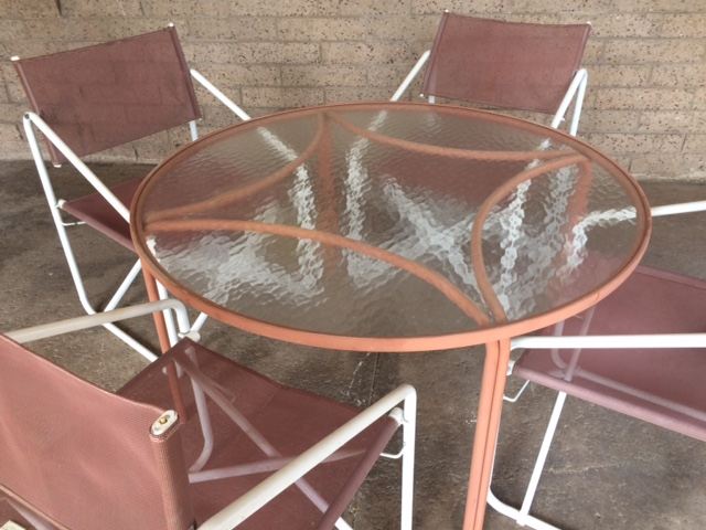 Vintage Brown Jordan Salmon Color Nomad Folding Chairs with Round Table and Side Table [Photo 3]