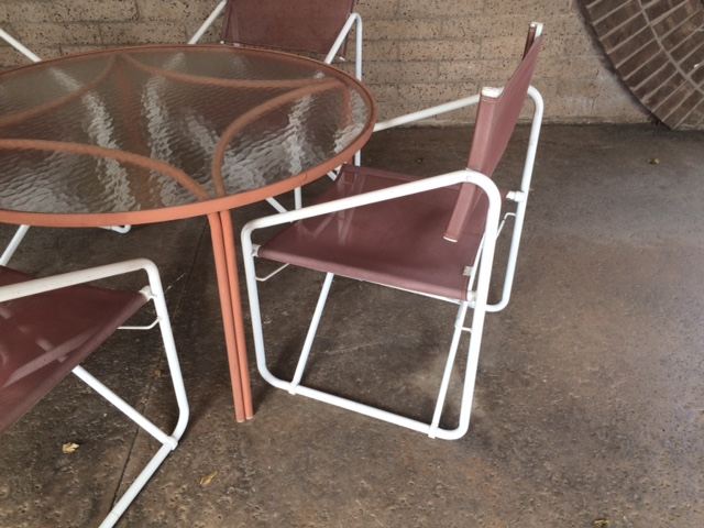 Vintage Brown Jordan Salmon Color Nomad Folding Chairs with Round Table and Side Table [Photo 4]