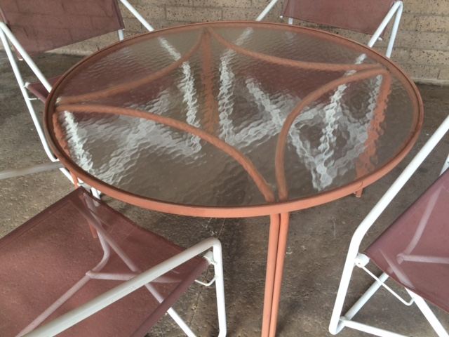 Vintage Brown Jordan Salmon Color Nomad Folding Chairs with Round Table and Side Table [Photo 10]