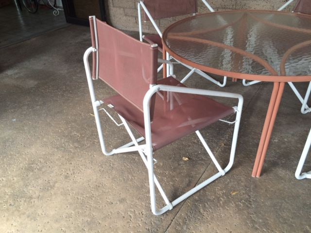 Vintage Brown Jordan Salmon Color Nomad Folding Chairs with Round Table and Side Table [Photo 9]