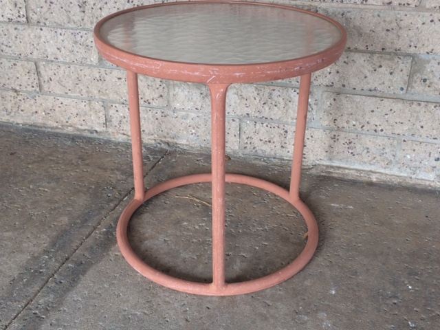 Vintage Brown Jordan Salmon Color Nomad Folding Chairs with Round Table and Side Table [Photo 17]