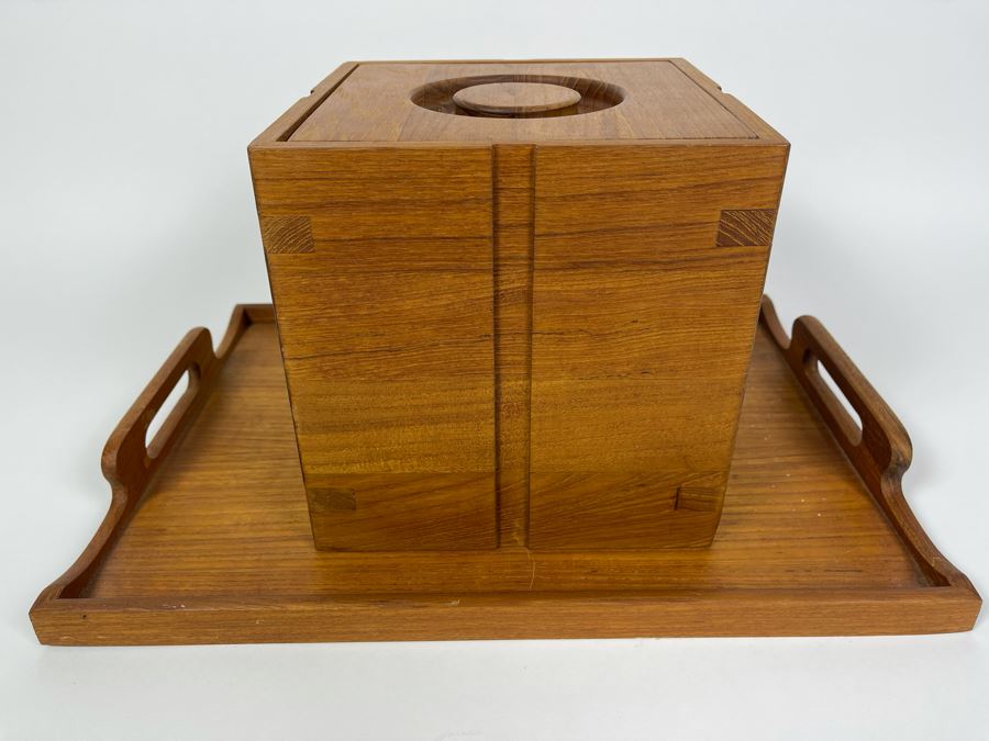 Vintage Kalmar Teak Wood Tray 16.5 X 12 And Ice Bucket 8 X 8 X 8