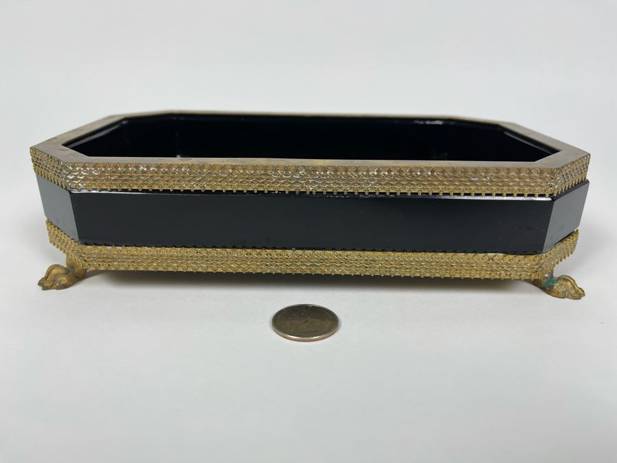 Antique French Black Opaline Glass Footed Gilt Bronze Box 9W X 5.5D X 2H [Photo 7]