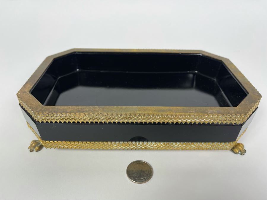 Antique French Black Opaline Glass Footed Gilt Bronze Box 9W X 5.5D X 2H