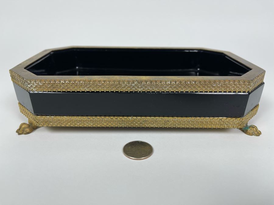 Antique French Black Opaline Glass Footed Gilt Bronze Box 9W X 5.5D X 2H [Photo 5]