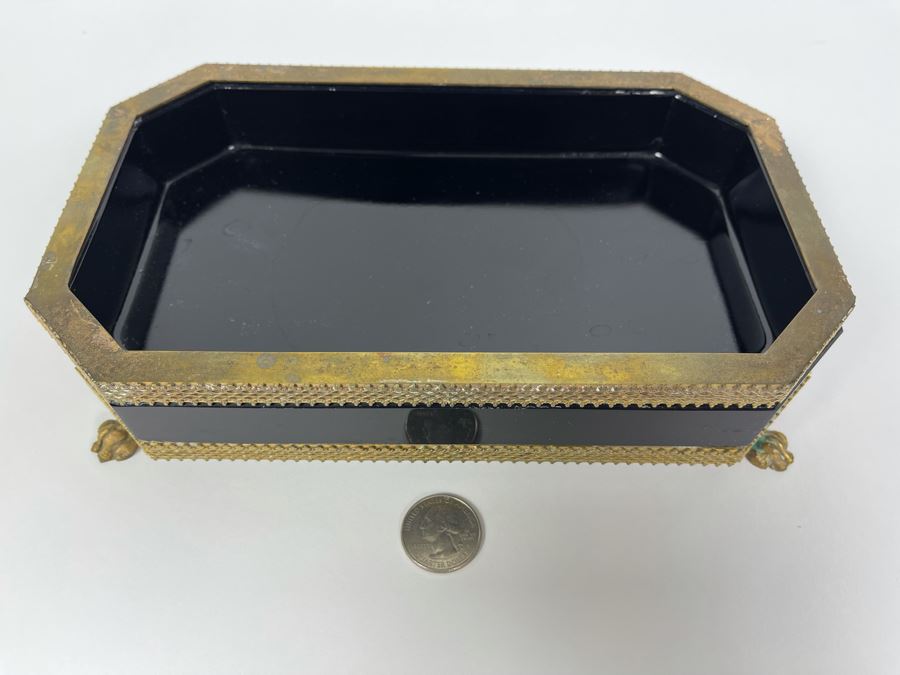 Antique French Black Opaline Glass Footed Gilt Bronze Box 9W X 5.5D X 2H