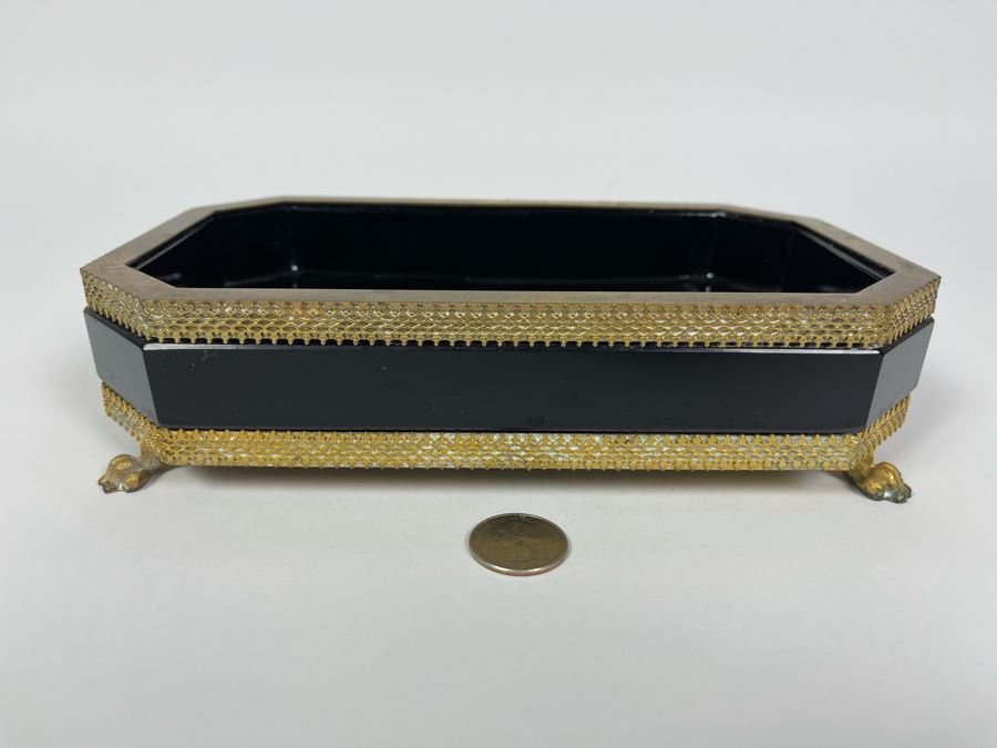 Antique French Black Opaline Glass Footed Gilt Bronze Box 9W X 5.5D X 2H [Photo 1]