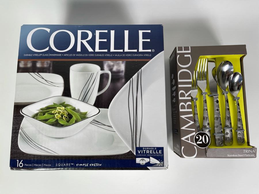 New Corelle 16 Piece Dishware Set And New Cambridge Trina Stainless Steel Flatware