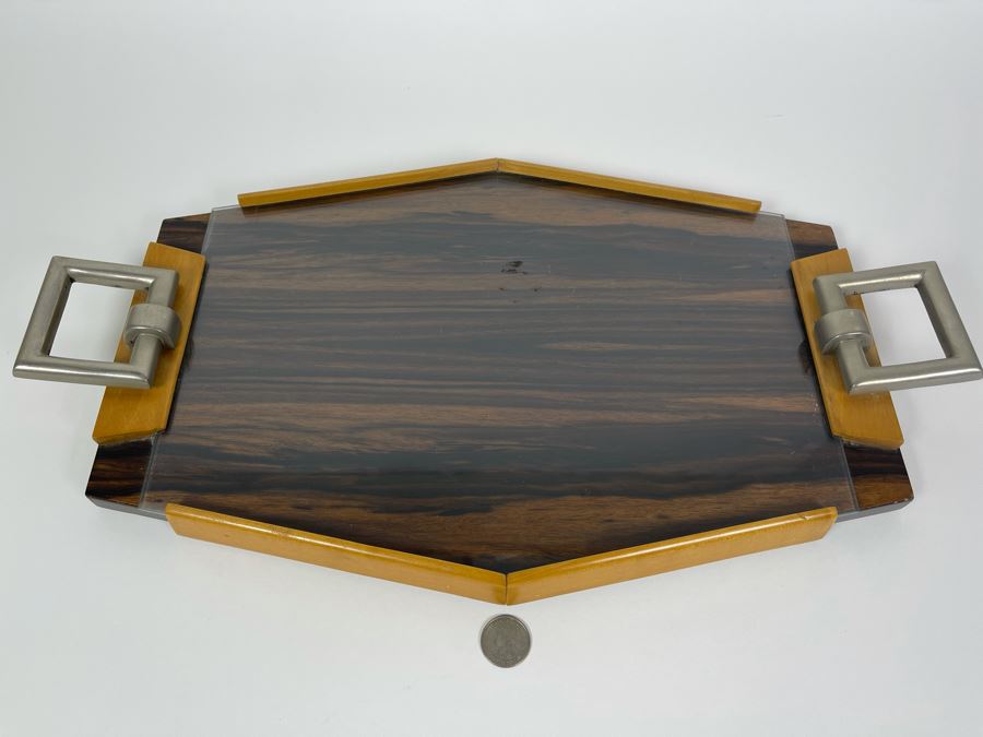 Vintage Art Deco Wooden And Metal Glass Top Serving Tray 19.5W X 11D [Photo 2]
