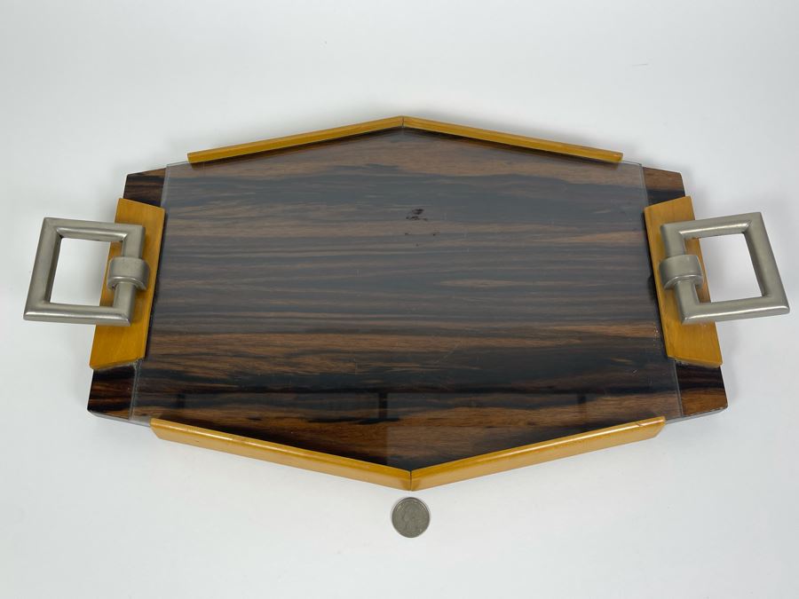 Vintage Art Deco Wooden And Metal Glass Top Serving Tray 19.5W X 11D [Photo 3]