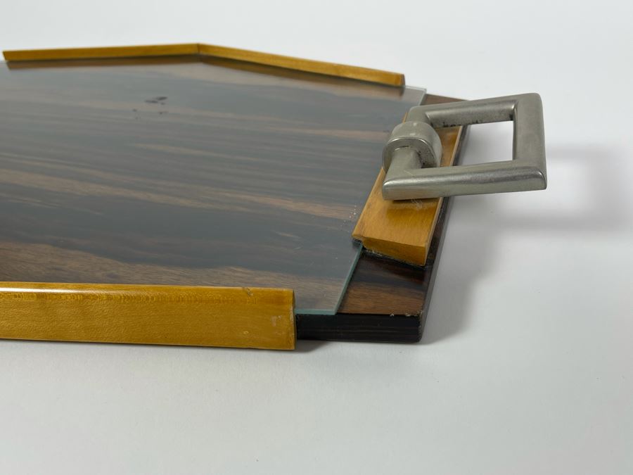 Vintage Art Deco Wooden And Metal Glass Top Serving Tray 19.5W X 11D [Photo 5]