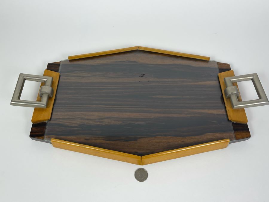 Vintage Art Deco Wooden And Metal Glass Top Serving Tray 19.5W X 11D [Photo 1]