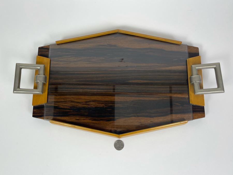 Vintage Art Deco Wooden And Metal Glass Top Serving Tray 19.5W X 11D [Photo 4]