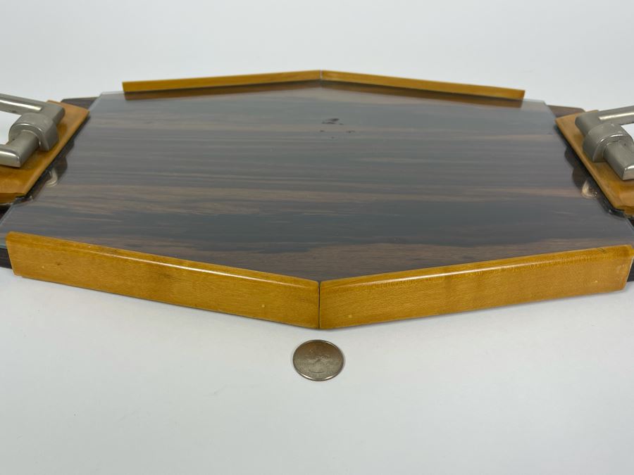 Vintage Art Deco Wooden And Metal Glass Top Serving Tray 19.5W X 11D [Photo 6]
