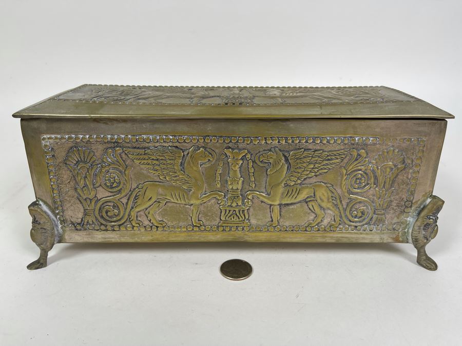 Antique Repousse Brass Footed Lidded Box 12W X 4.5D X 4.5H [Photo 2]