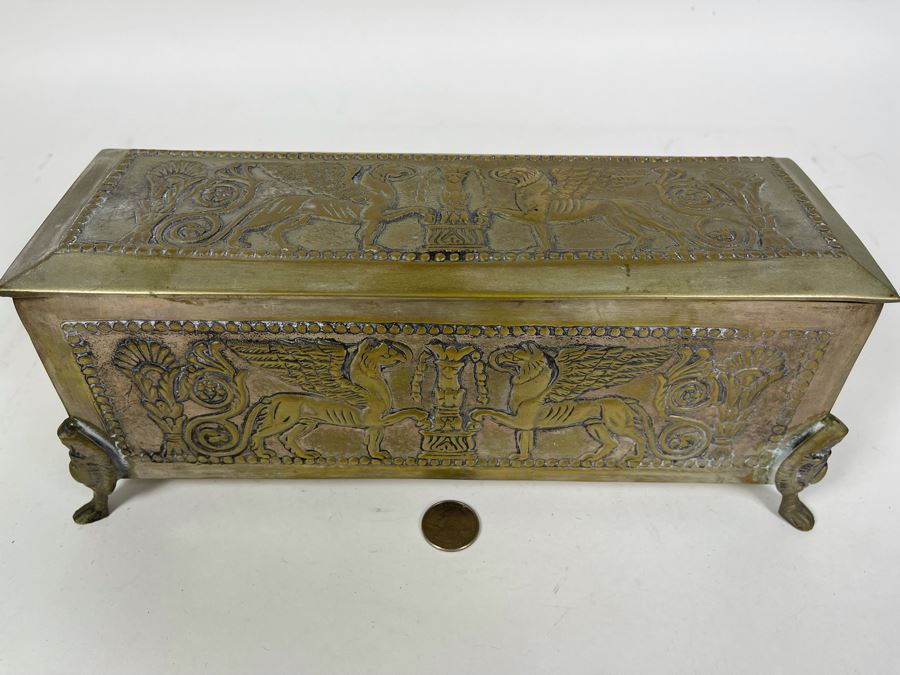 Antique Repousse Brass Footed Lidded Box 12W X 4.5D X 4.5H [Photo 3]