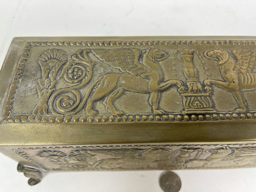 Antique Repousse Brass Footed Lidded Box 12W X 4.5D X 4.5H [Photo 5]