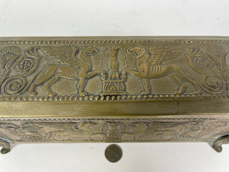 Antique Repousse Brass Footed Lidded Box 12W X 4.5D X 4.5H [Photo 6]