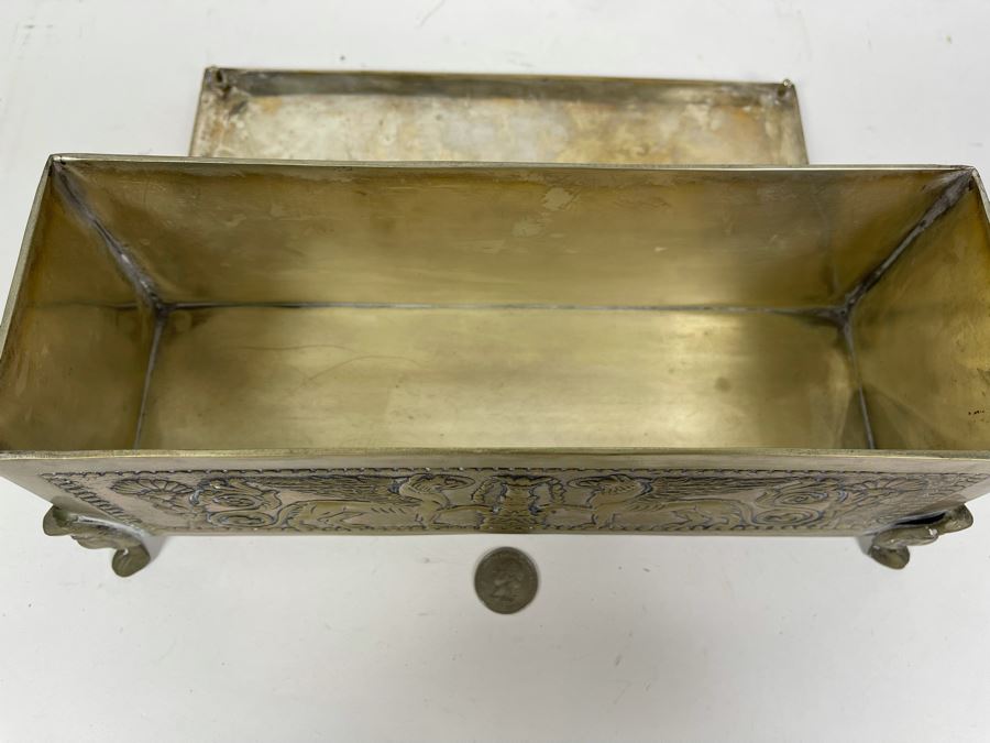 Antique Repousse Brass Footed Lidded Box 12W X 4.5D X 4.5H [Photo 11]