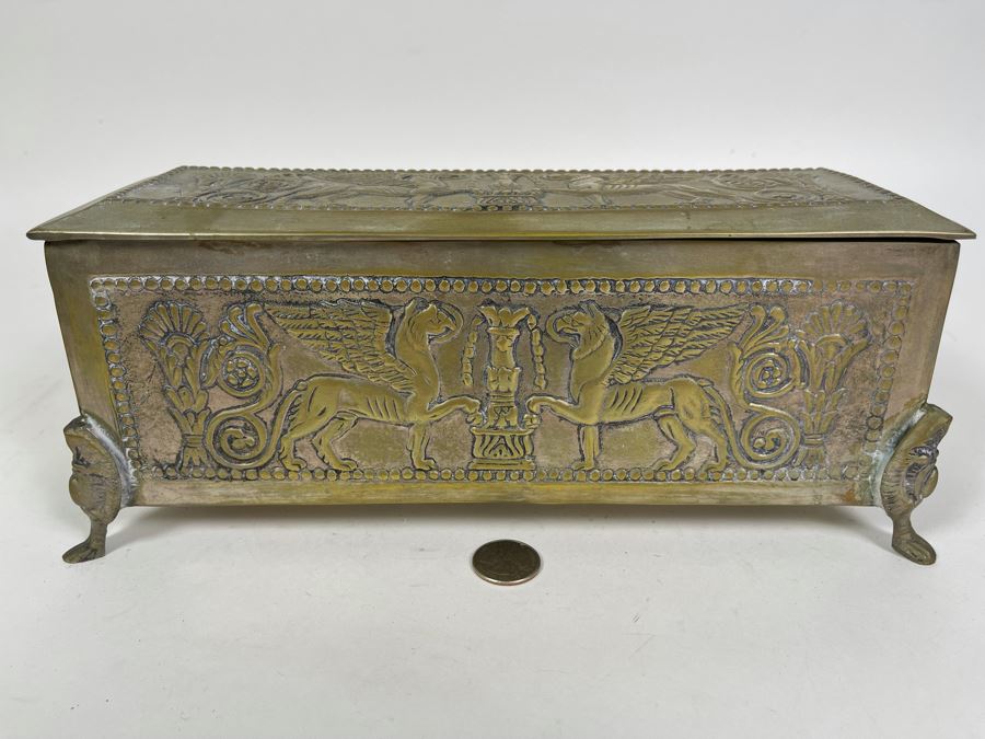 Antique Repousse Brass Footed Lidded Box 12W X 4.5D X 4.5H