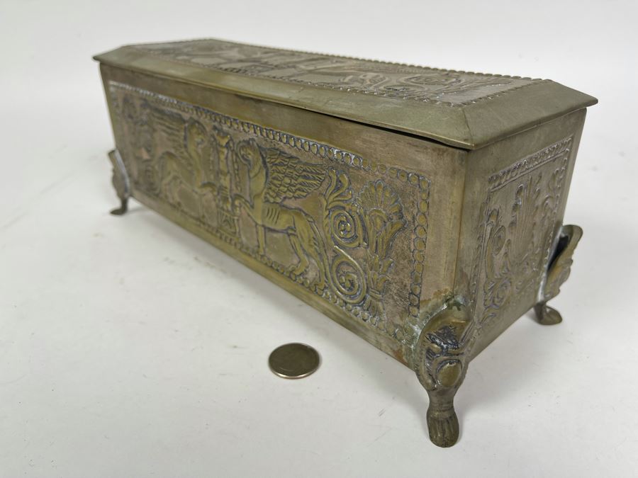 Antique Repousse Brass Footed Lidded Box 12W X 4.5D X 4.5H [Photo 9]