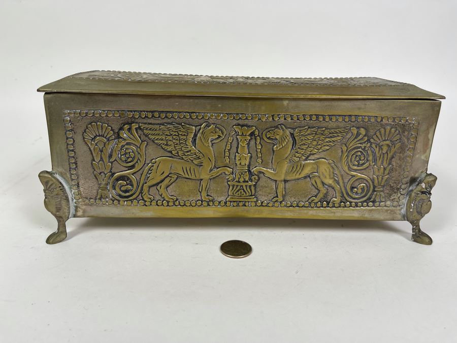 Antique Repousse Brass Footed Lidded Box 12W X 4.5D X 4.5H [Photo 10]