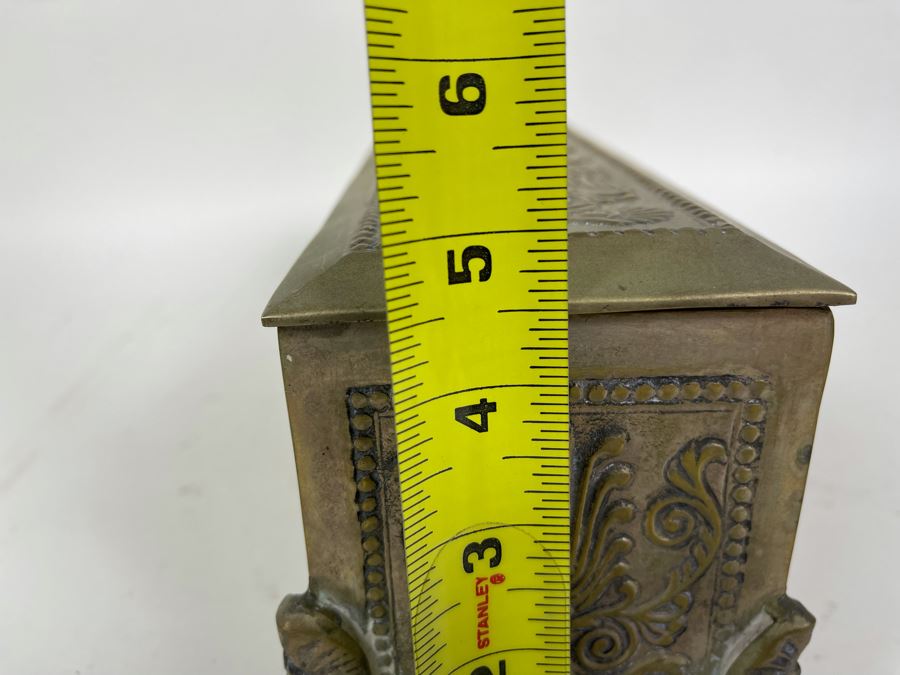 Antique Repousse Brass Footed Lidded Box 12W X 4.5D X 4.5H [Photo 15]