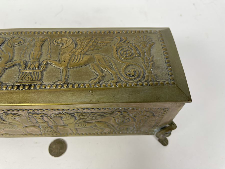 Antique Repousse Brass Footed Lidded Box 12W X 4.5D X 4.5H [Photo 7]