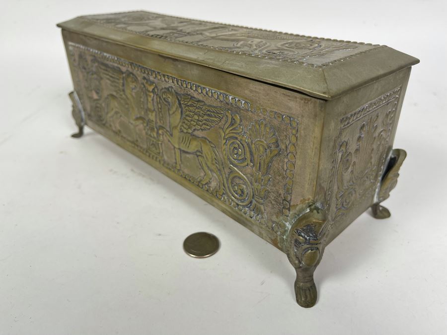 Antique Repousse Brass Footed Lidded Box 12W X 4.5D X 4.5H