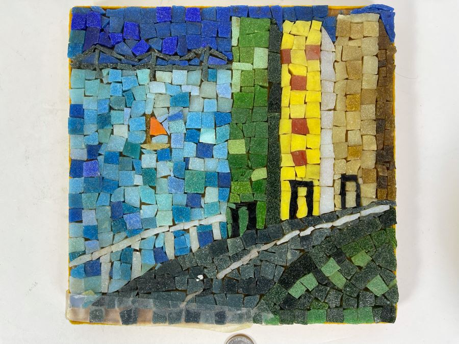 David Lavington (American, 1951–1995) Signed Mosiac Seascape City Scene On Board Signed On Back 9 X 9 [Photo 3]