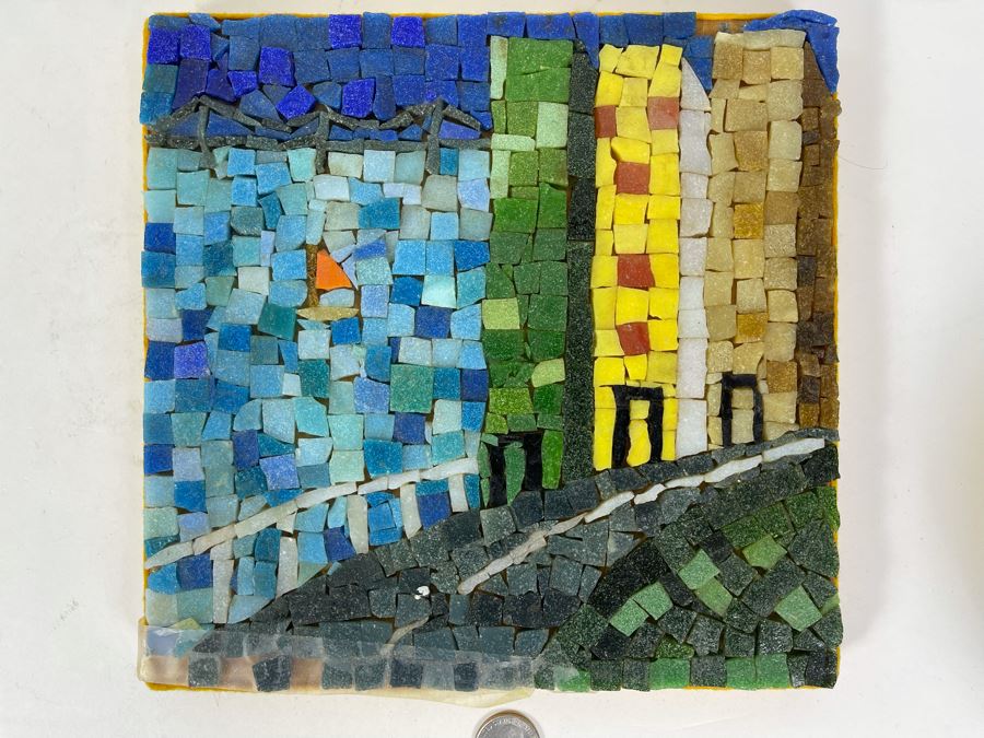 David Lavington (American, 1951–1995) Signed Mosiac Seascape City Scene On Board Signed On Back 9 X 9 [Photo 2]