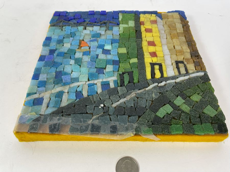 David Lavington (American, 1951–1995) Signed Mosiac Seascape City Scene On Board Signed On Back 9 X 9 [Photo 9]