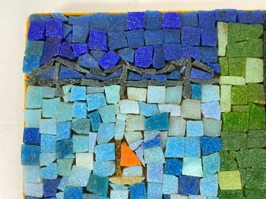 David Lavington (American, 1951–1995) Signed Mosiac Seascape City Scene On Board Signed On Back 9 X 9 [Photo 6]