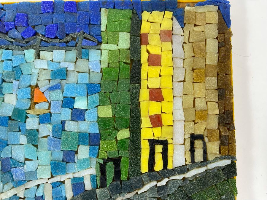 David Lavington (American, 1951–1995) Signed Mosiac Seascape City Scene On Board Signed On Back 9 X 9 [Photo 4]