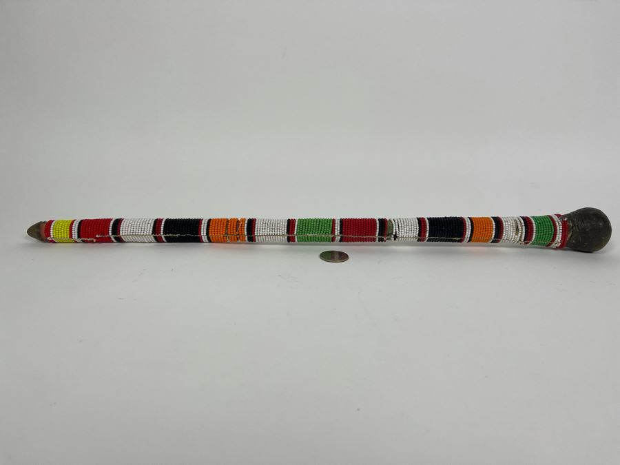 Vintage African Beaded Wooden Rungus Club Maasai Stick 20L [Photo 2]