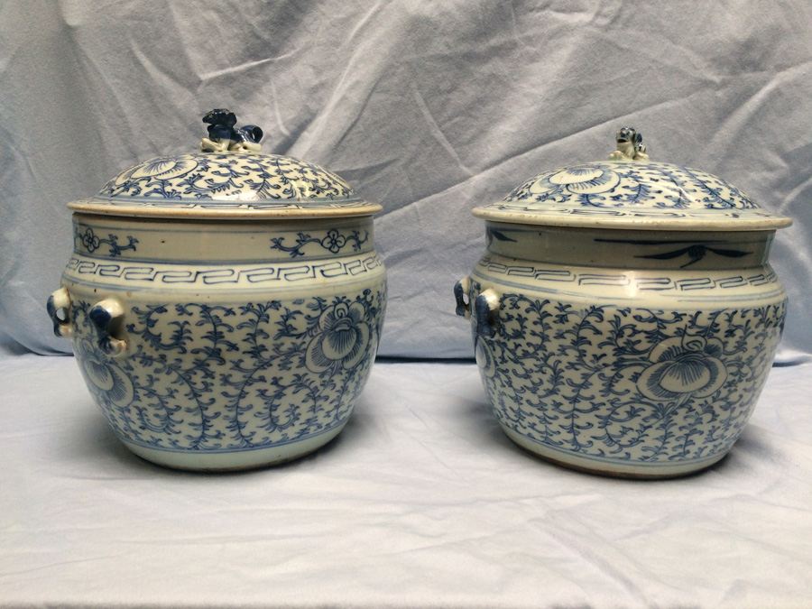 Pair of Asian Vessels with Foo Dogs on Lids