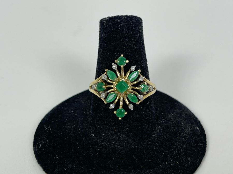 10K Gold Emerald Diamond Ring Size 7.5 3g [Photo 4]