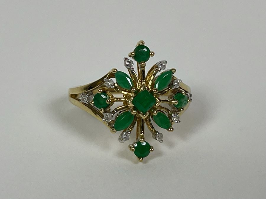 10K Gold Emerald Diamond Ring Size 7.5 3g [Photo 6]